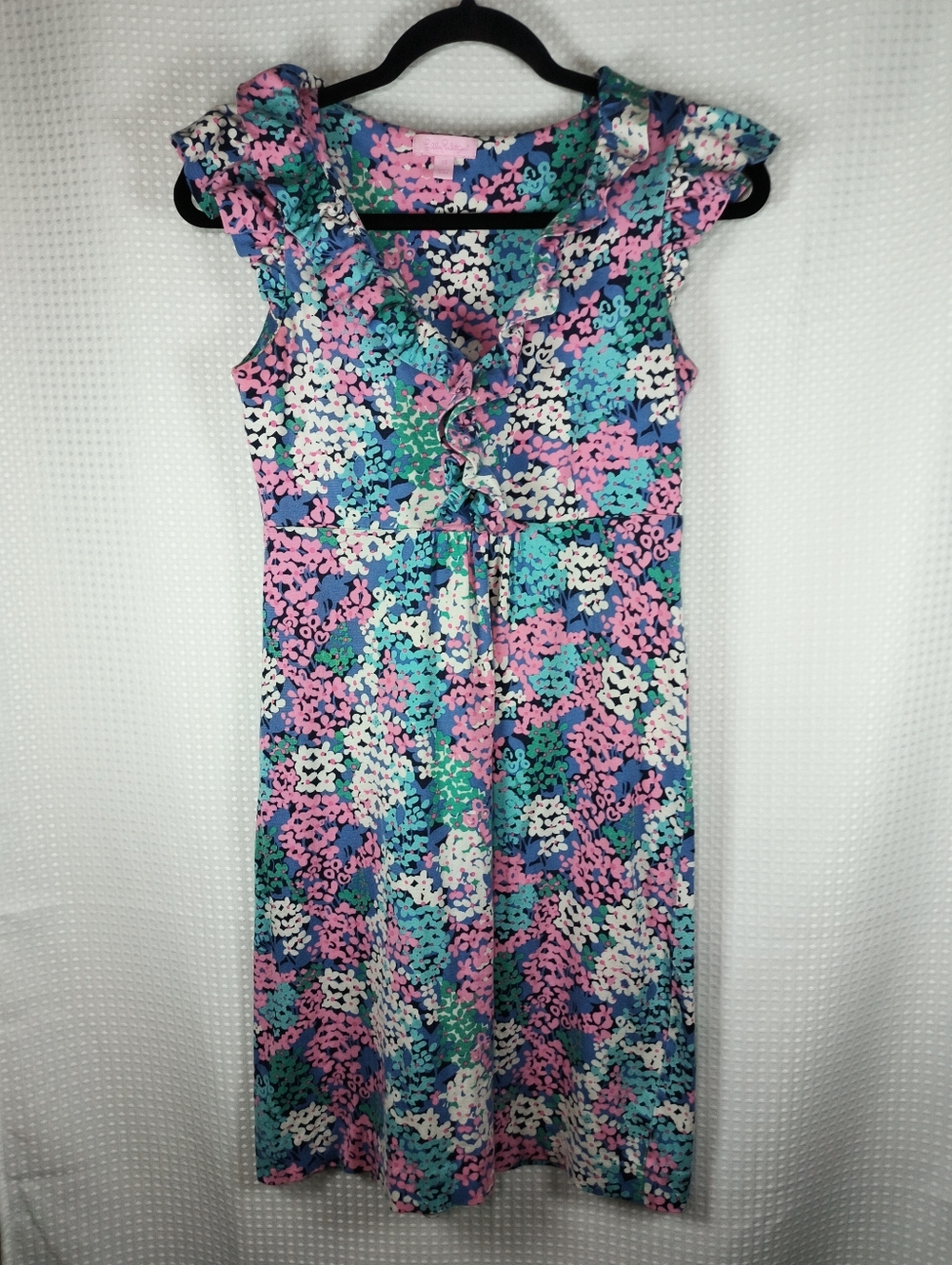 Lilly Pulitzer Pink Teal Blue Ditzy Floral Ruffle Midi Dress Cap Sleeves Size XS